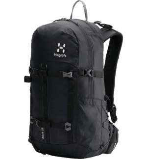 Front and side profile of a black hiking daypack 
