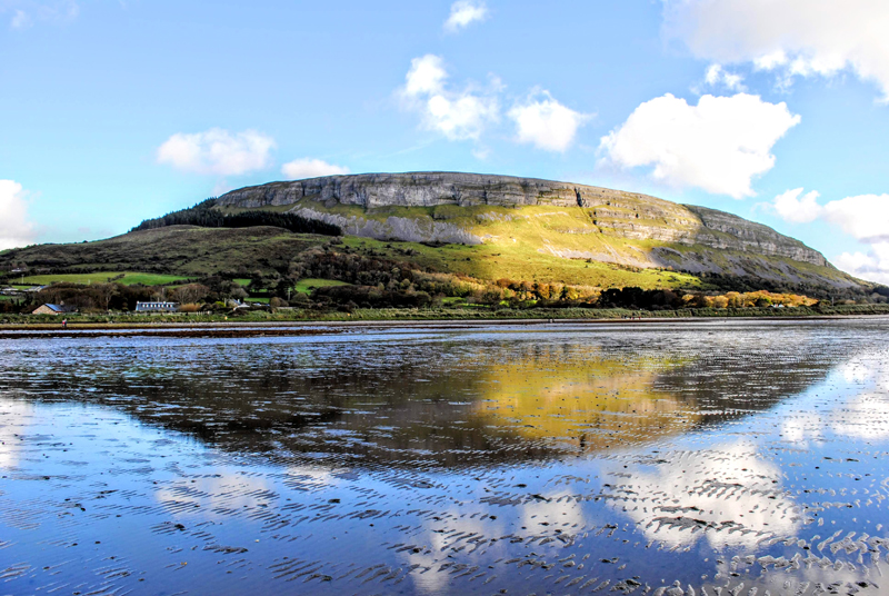Sun-dappled hill and reflections in the water